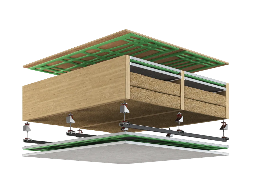 Soundproof ceiling assembly cutaway with resilient clips, channel, and layered drywall